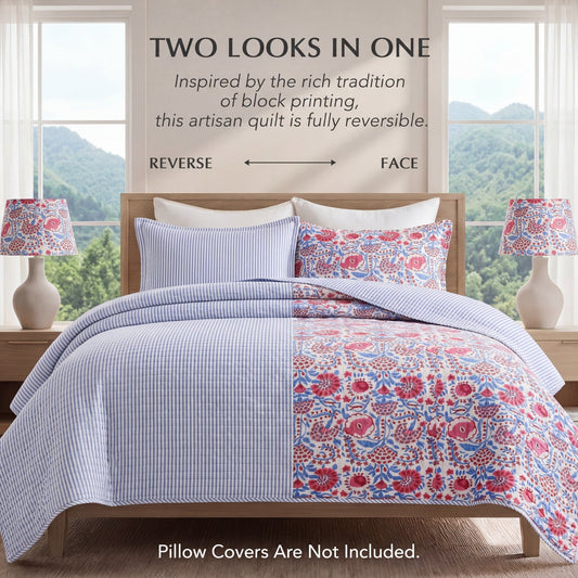 Pigeon Blue & Flamingo Pink Quilt Ridhi Block Print