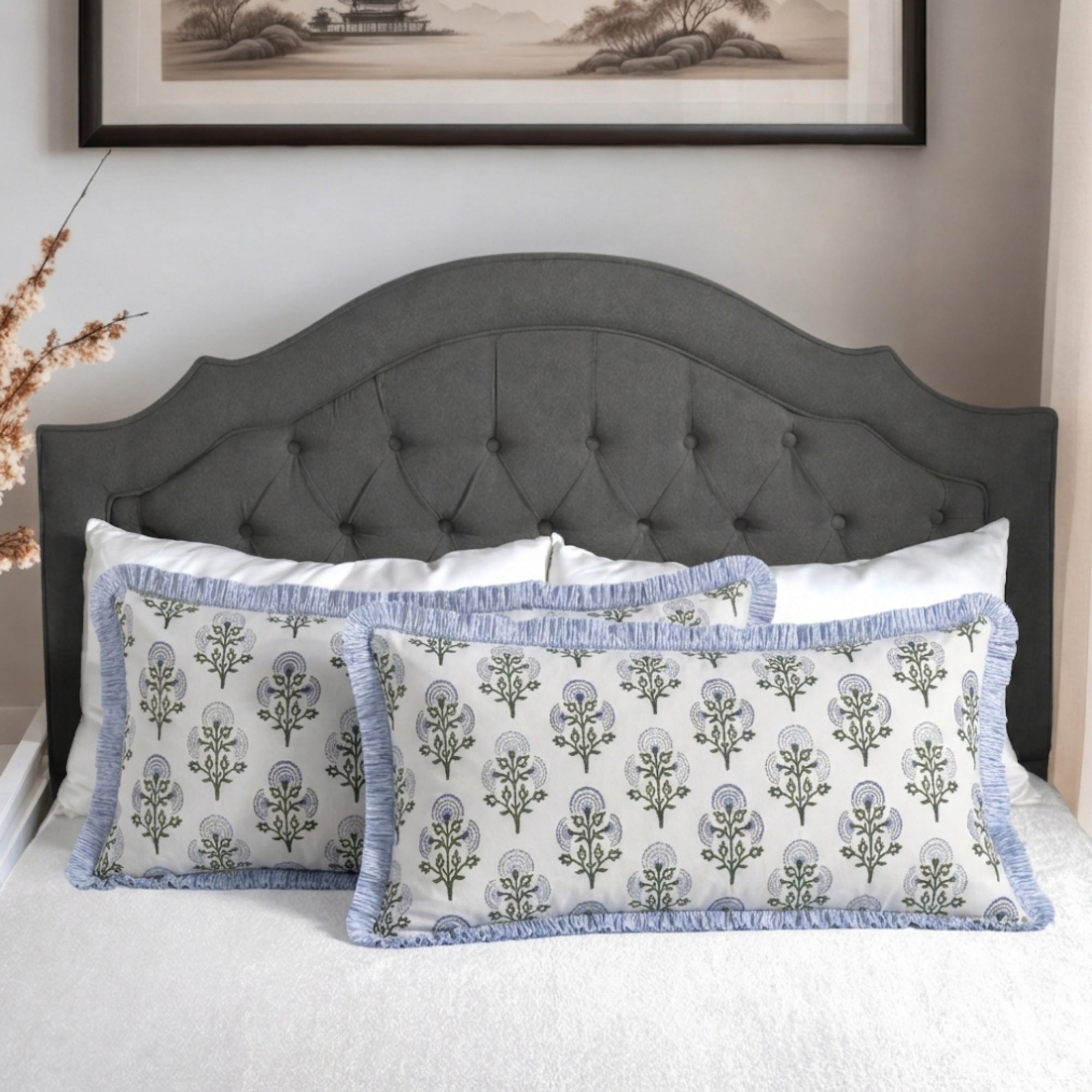 Mughal Buta Blue Bed Pillow Cover Ridhi Block Print
