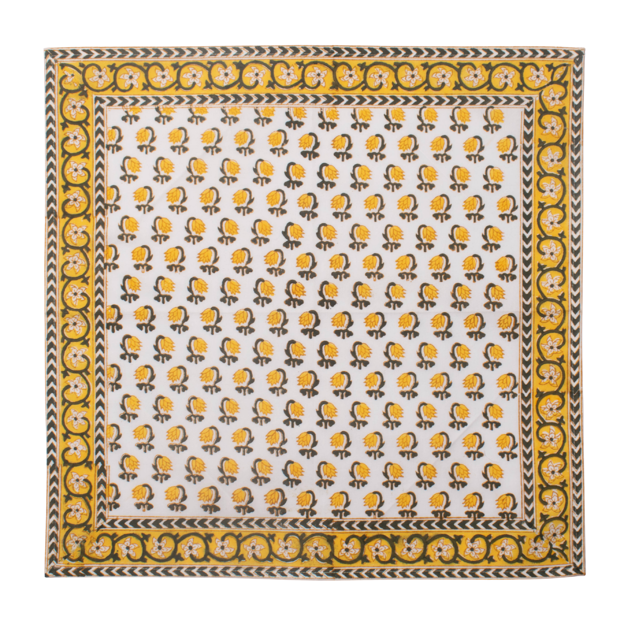 Patterned fabric with yellow and black design on a white background