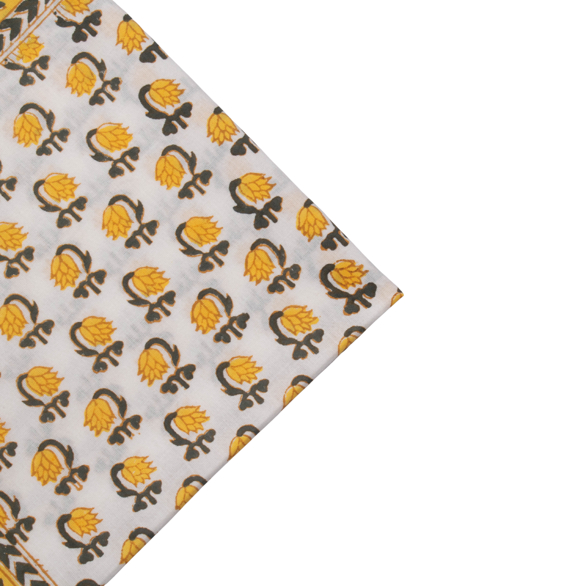 Fabric with yellow and black pattern on a white background
