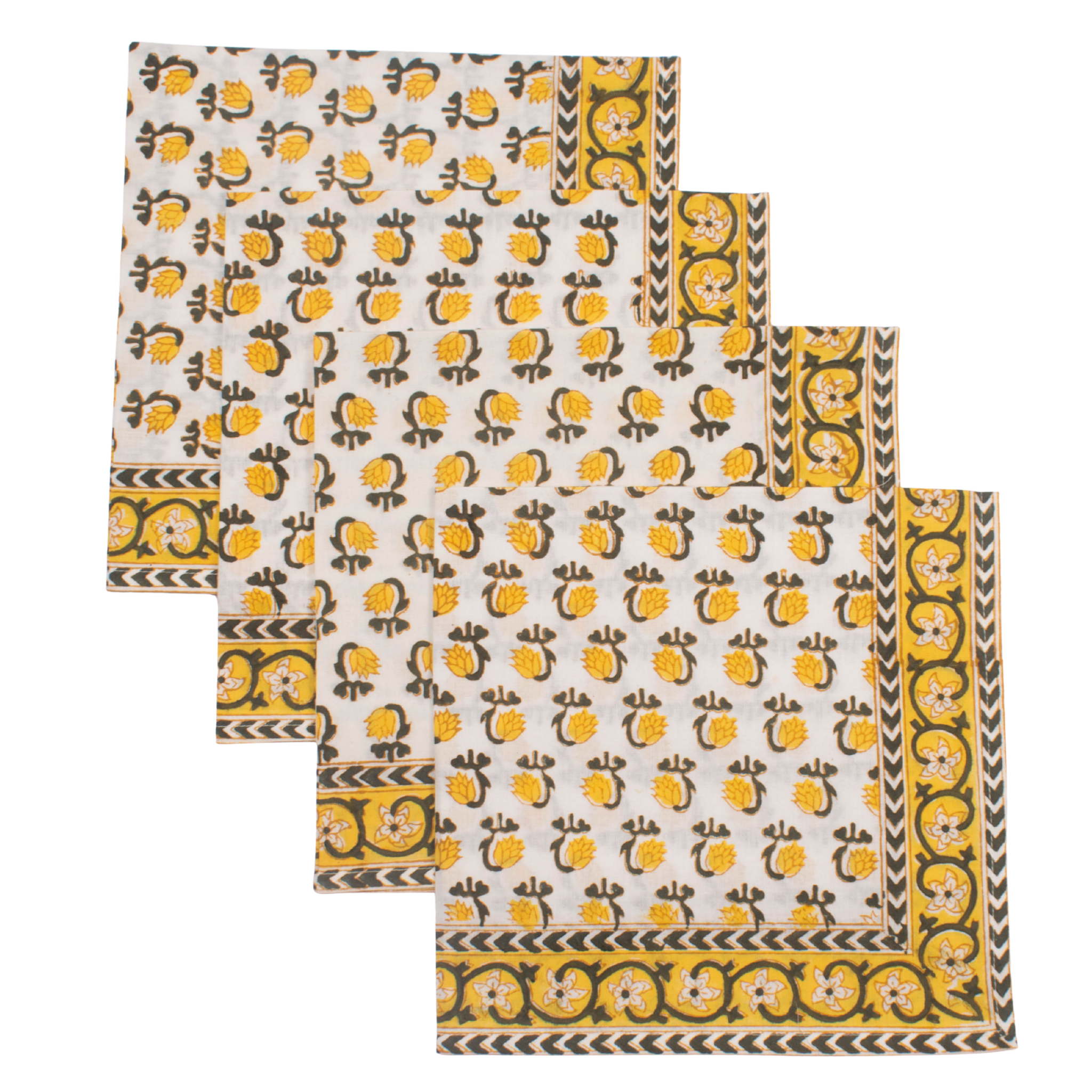 Set of three decorative towels with yellow and black patterns on a white background
