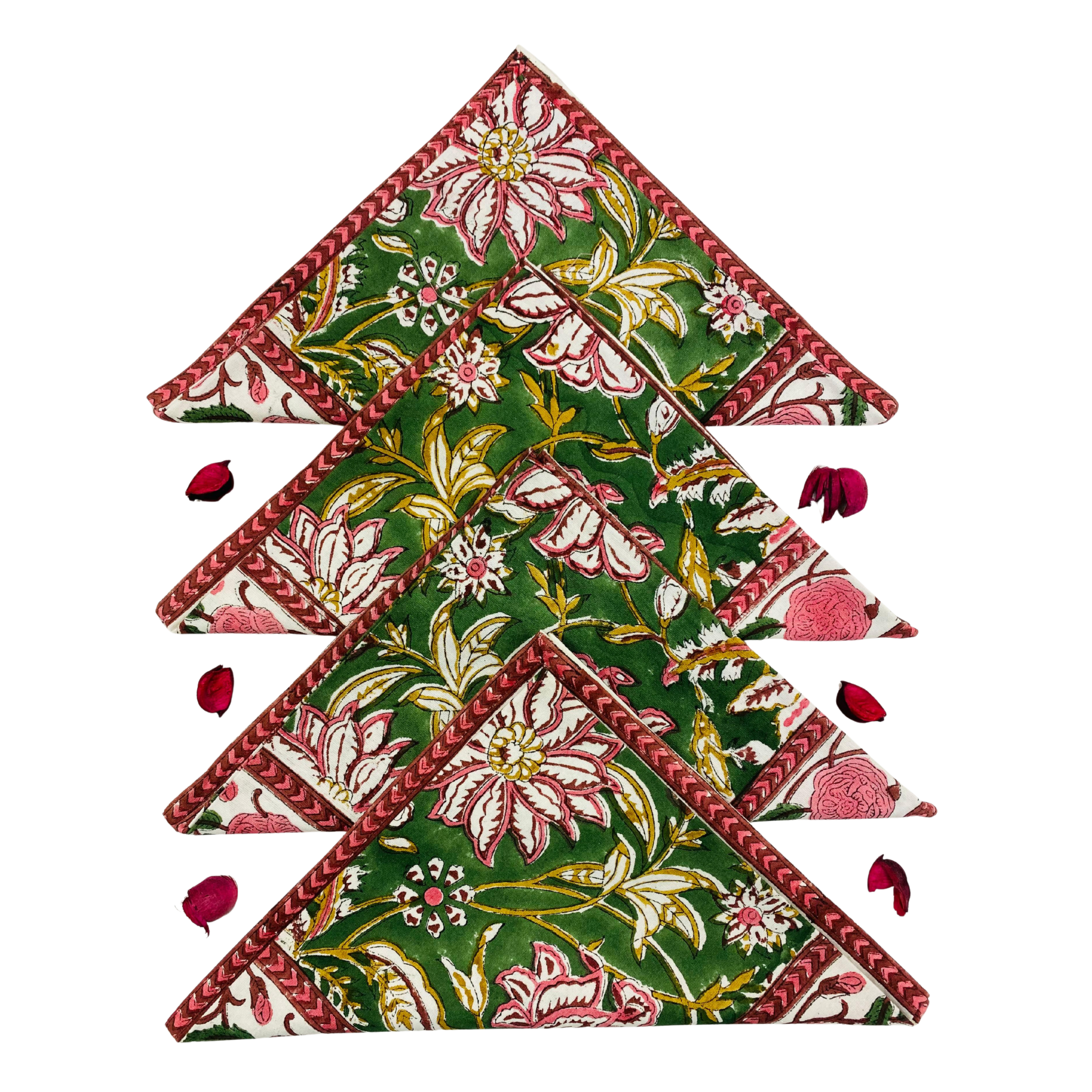 Decorative triangle-shaped coasters arranged in a Christmas tree pattern on a white background.