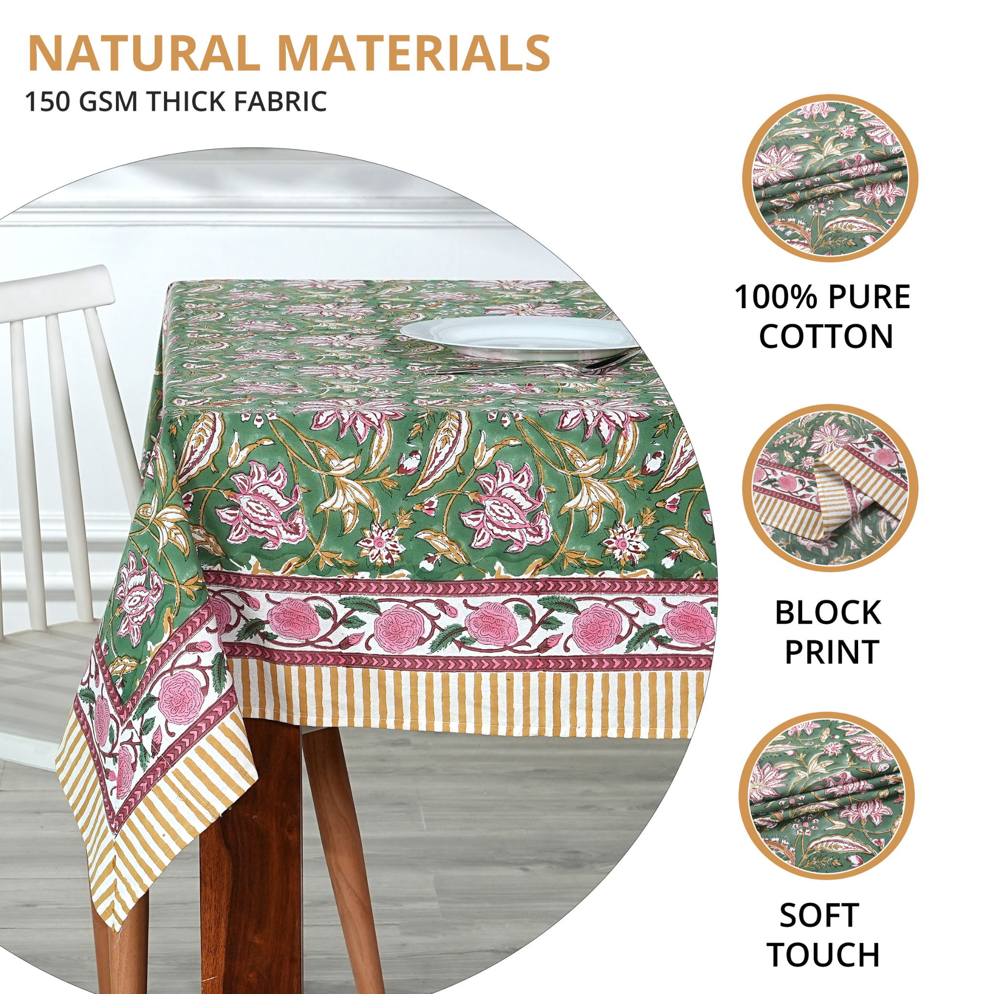 Floral patterned tablecloth on a table with text highlighting material properties.