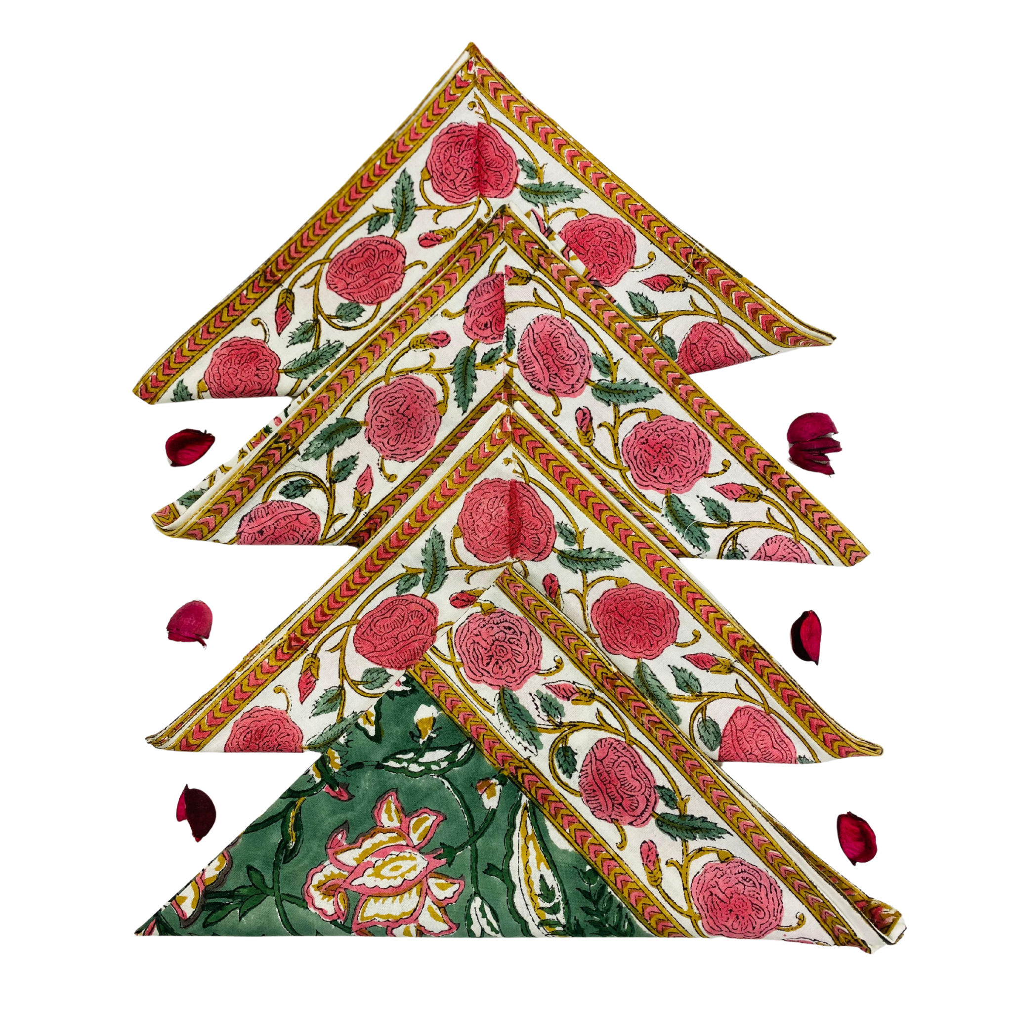 Decorative fabric panel with floral and geometric patterns on a white background