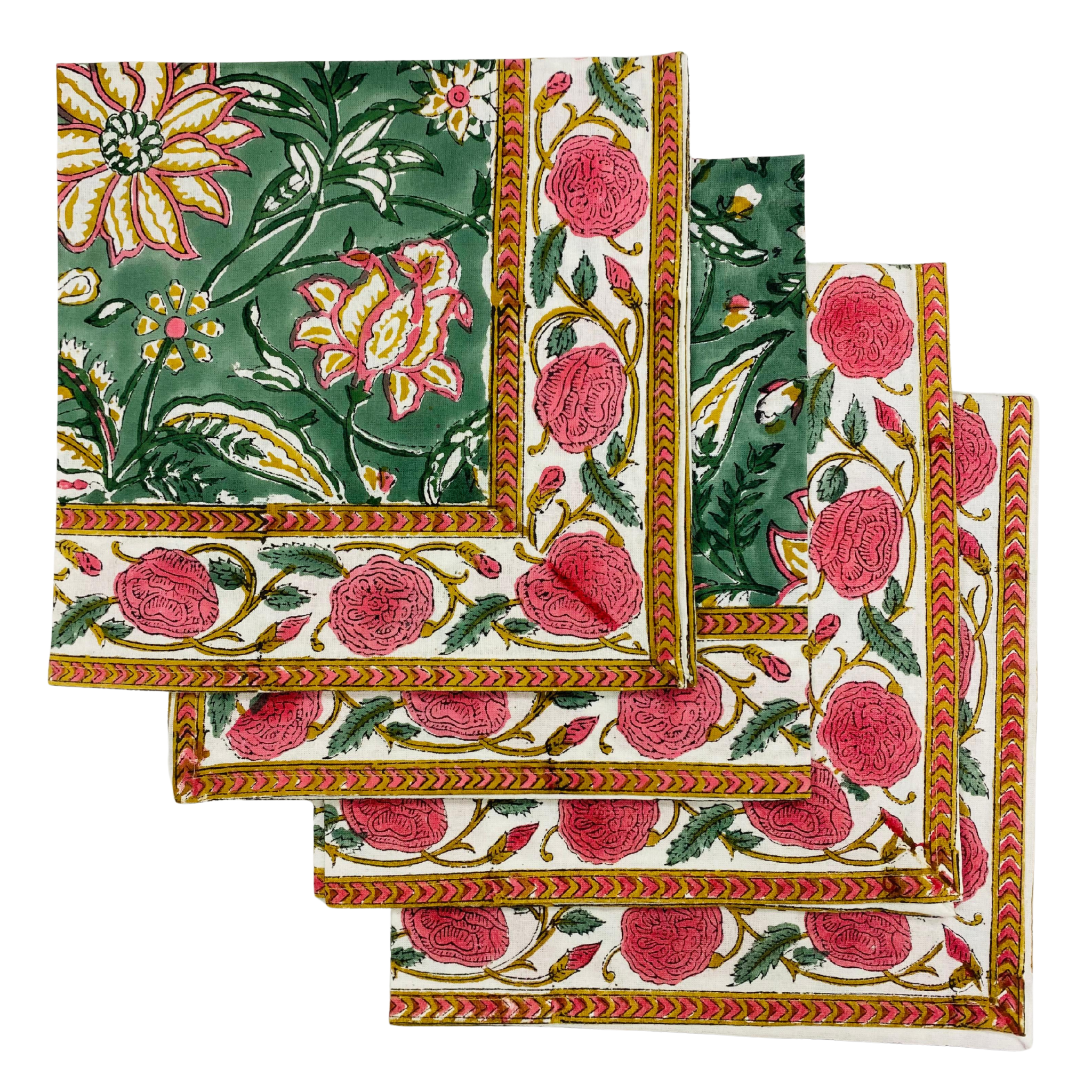 Set of floral patterned napkins with green, pink, and gold colors on a white background.