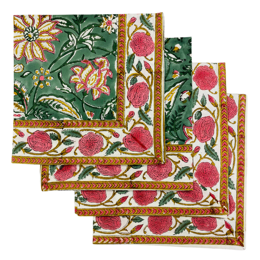 Set of floral patterned napkins with green, pink, and gold colors on a white background.