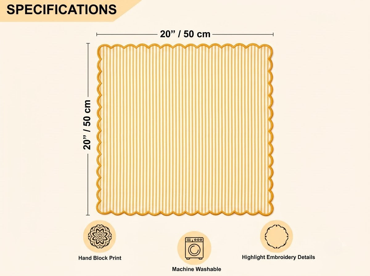 Saffron Yellow Stripe Embroidery Napkins Ridhi Block Print