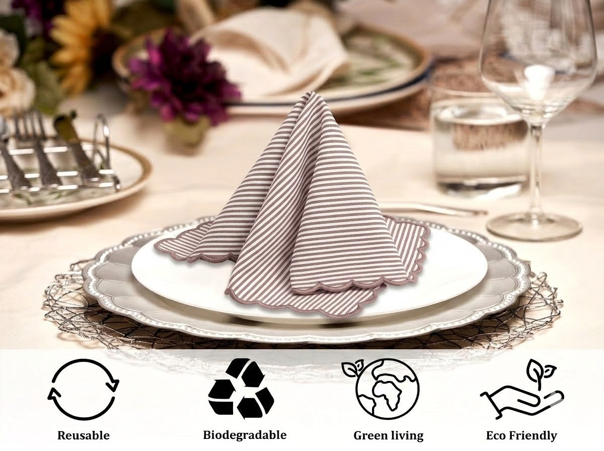 Oatmeal Brown Stripe Embroidery Napkins Ridhi Block Print