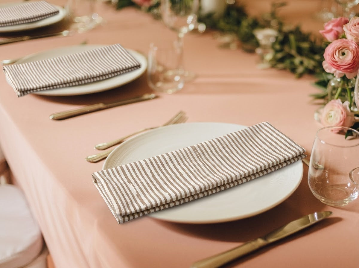 Oatmeal Brown Stripe Embroidery Napkins Ridhi Block Print