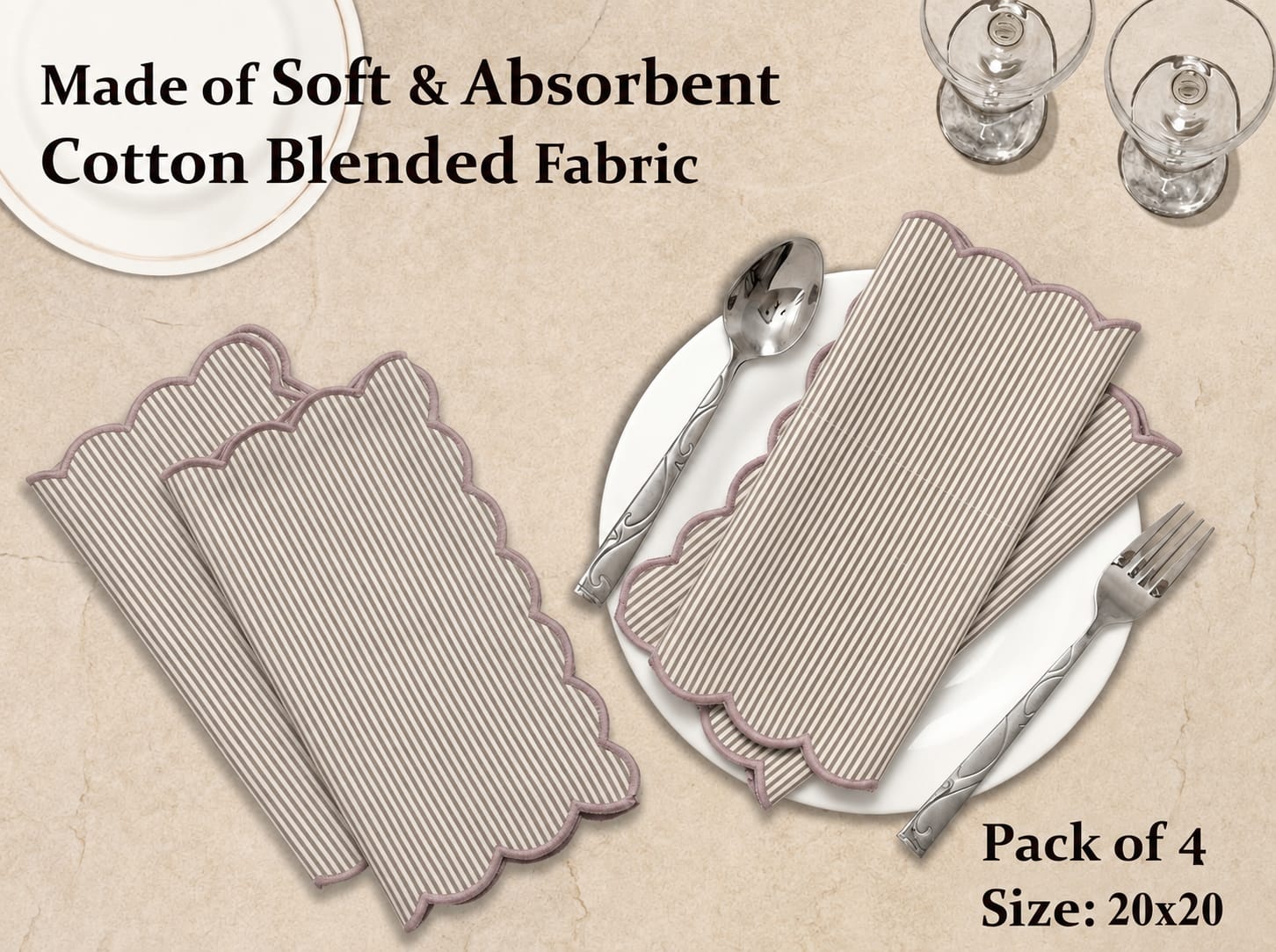 Oatmeal Brown Stripe Embroidery Napkins Ridhi Block Print