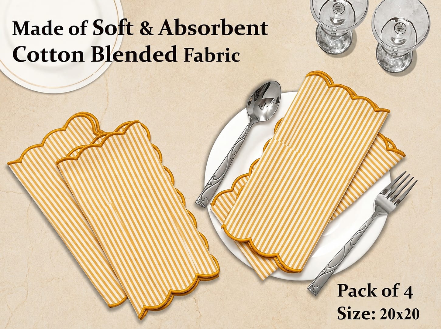 Saffron Yellow Stripe Embroidery Napkins Ridhi Block Print