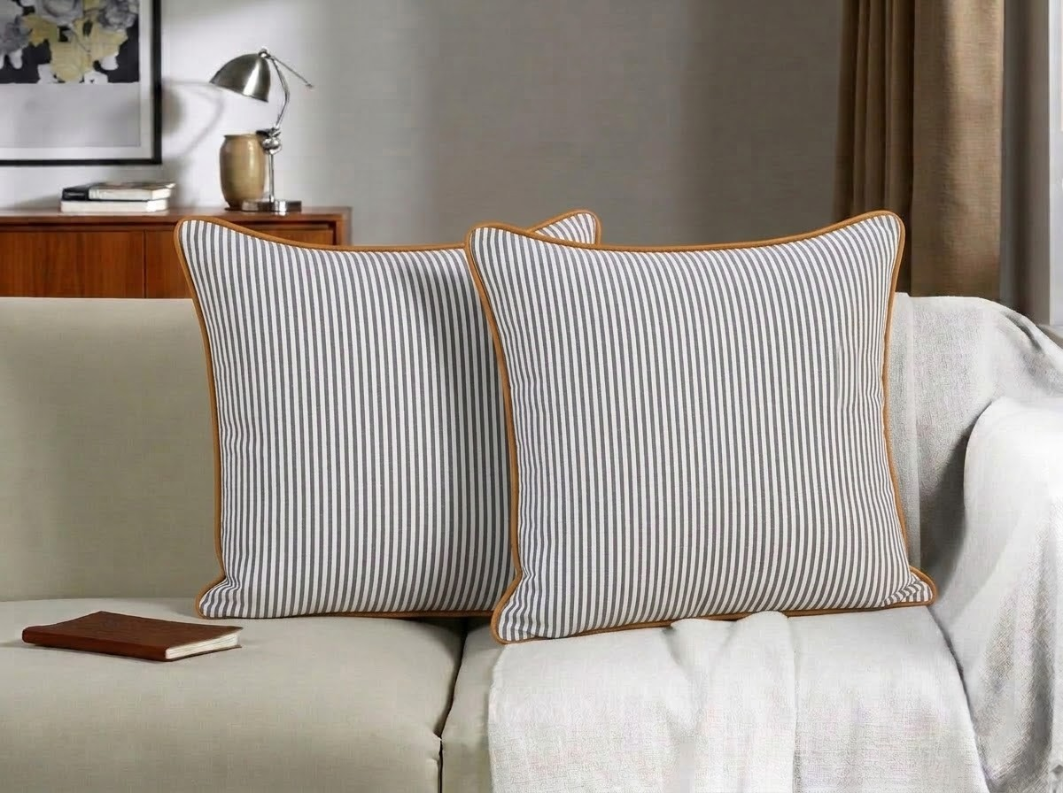 Slate Blue Striped Cotton Piping Pillow Cover RIDHI