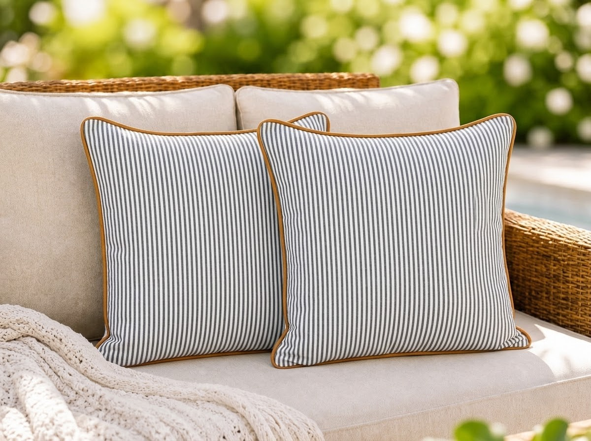Slate Blue Striped Cotton Piping Pillow Cover RIDHI