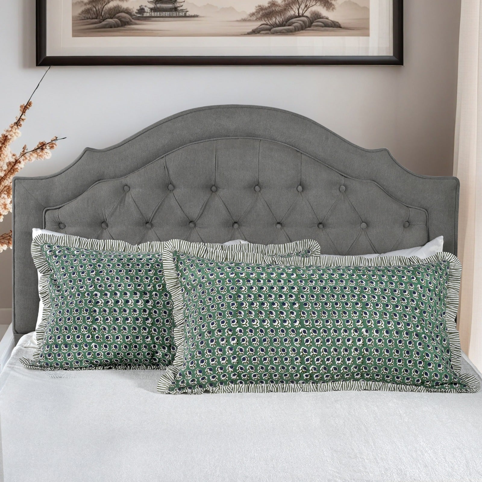 Basil Green Bed Pillow Cover Ridhi Block Print