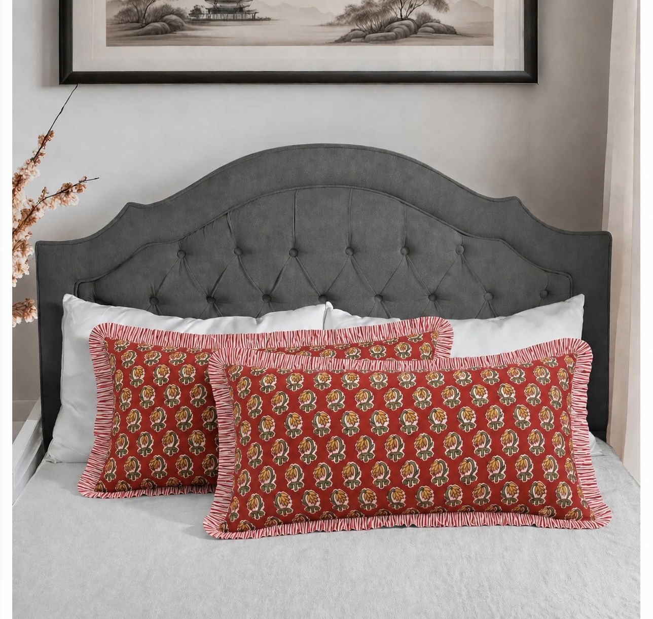 Chocolate Cosmos Red Bed Pillow Cover Ridhi Block Print