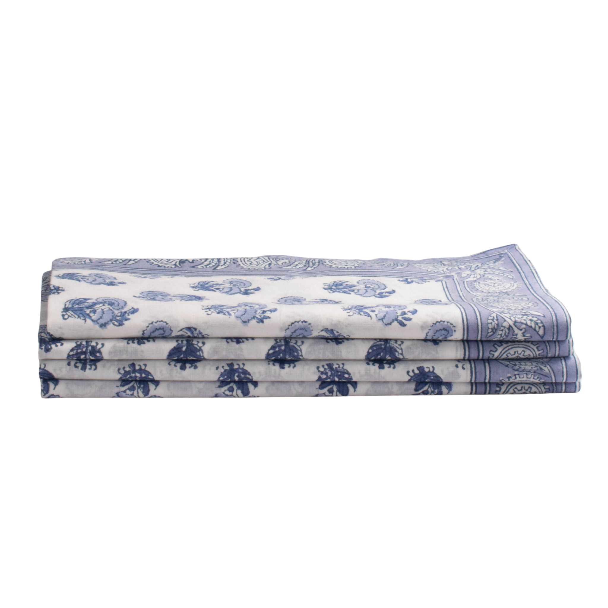 Folded fabric with blue floral patterns on a white background