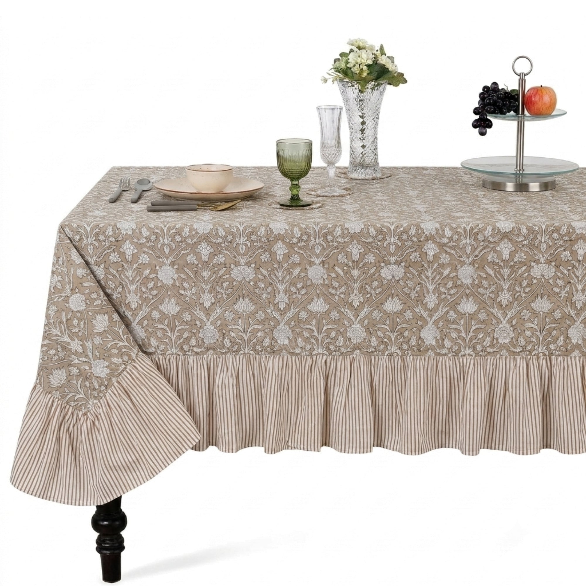 Ruffle Rectangle & Square Tablecloth - Taupe Ridhi Block Print