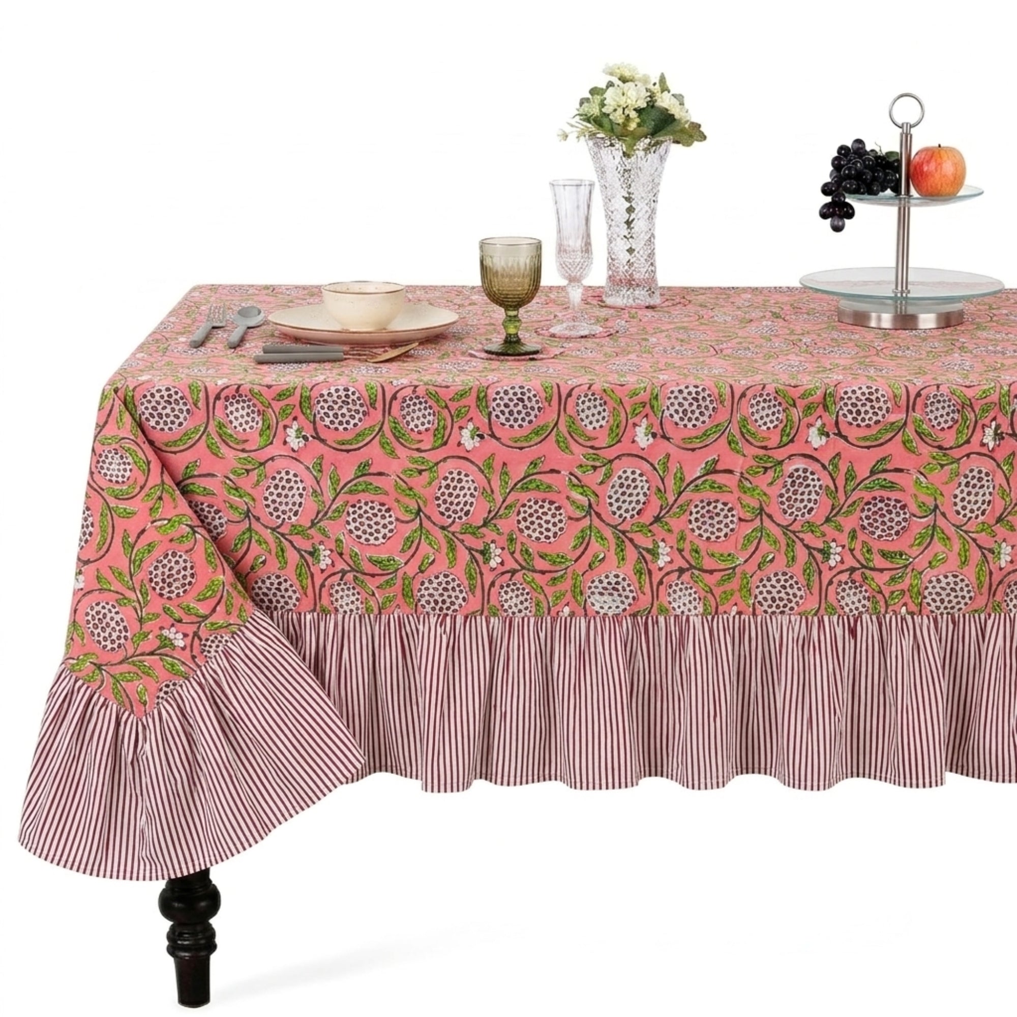 Ruffle Rectangle & Square Tablecloth - Strawberry pink Ridhi Block Print