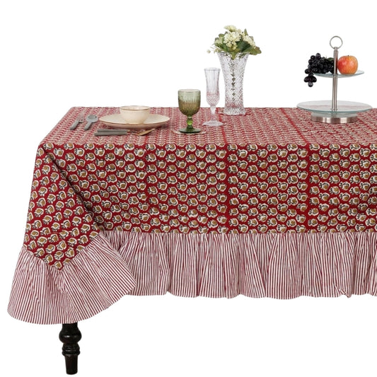 Ruffle Rectangle & Square Tablecloth - Chocolate Cosmos Red Ridhi Block Print