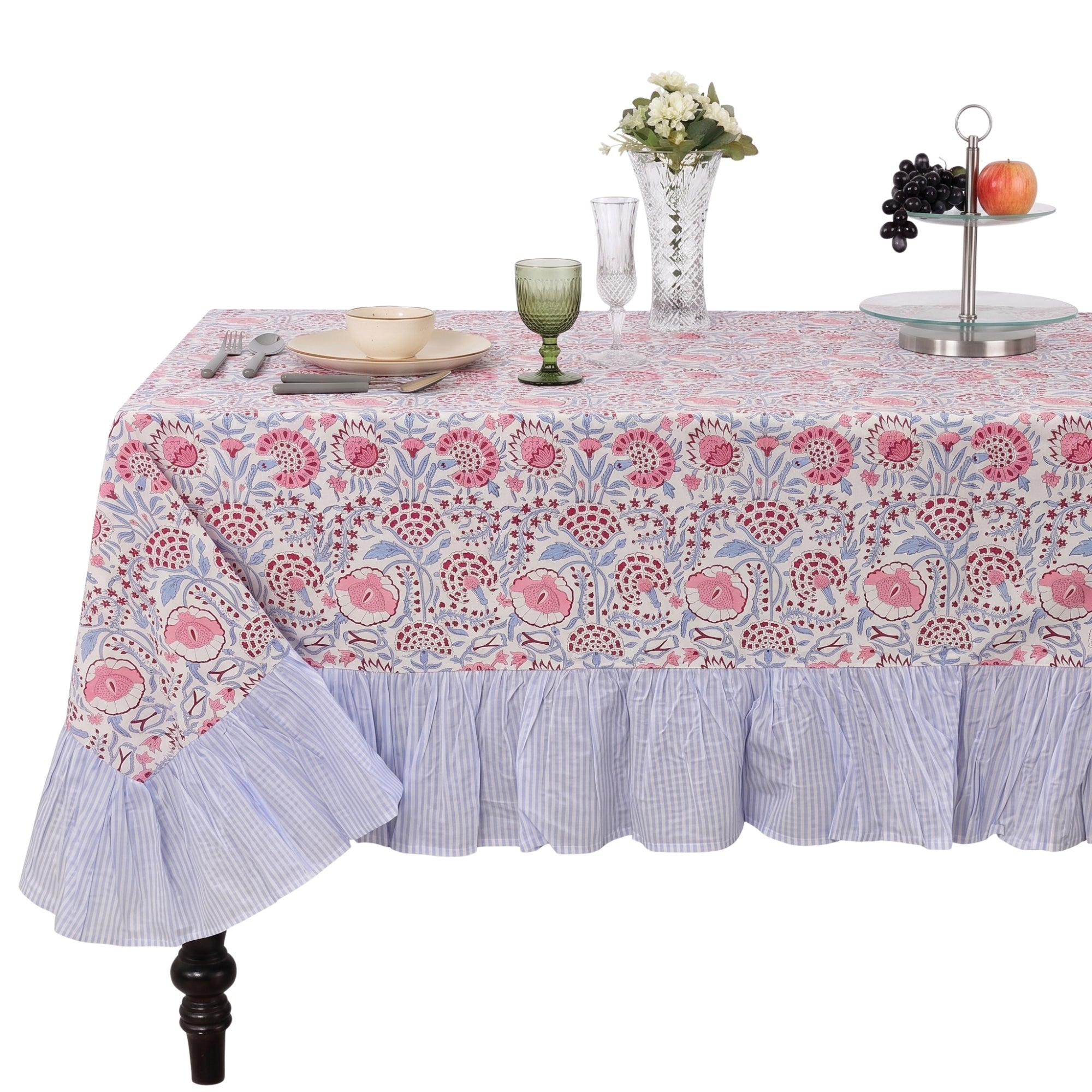 Ruffle Rectangle & Square Tablecloth - Pigeon Blue and Flamingo Pink Ridhi Block Print