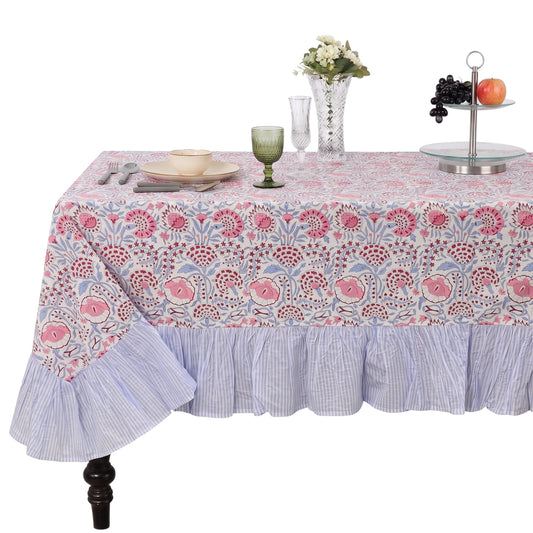 Ruffle Rectangle & Square Tablecloth - Pigeon Blue and Flamingo Pink Ridhi Block Print