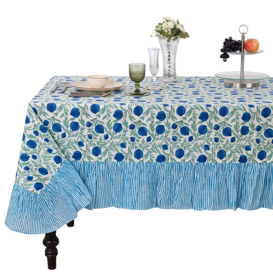 Ruffle Rectangle & Square Tablecloth - Queen Blue Ridhi Block Print