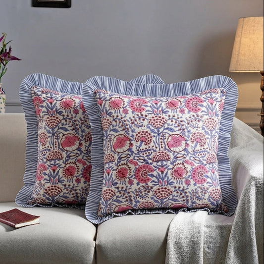 Pigeon Blue and Flamingo Pink Ruffle Pillow Cover Ridhi Block Print
