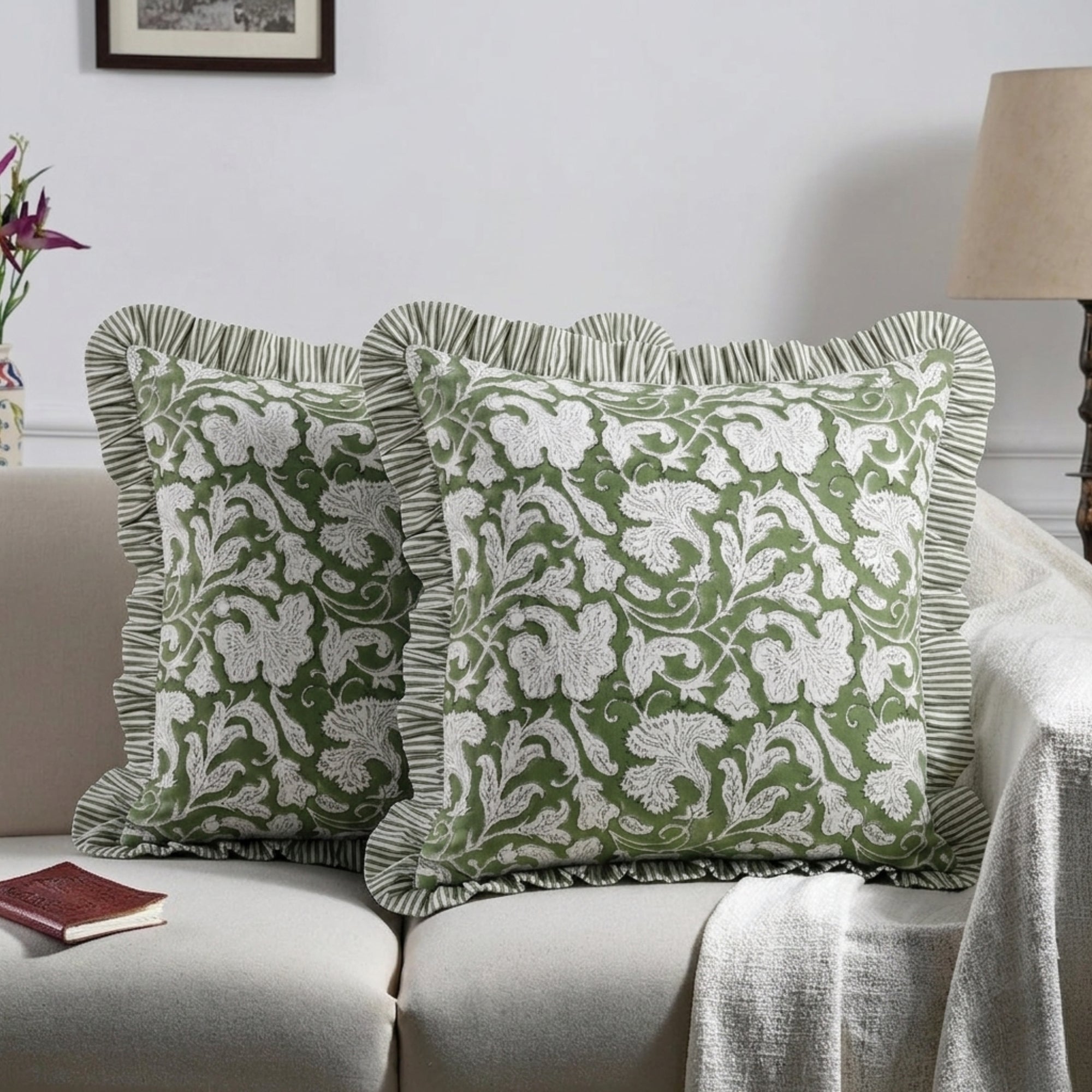 Sage Green Ruffle Pillow Cover Ridhi Block Print