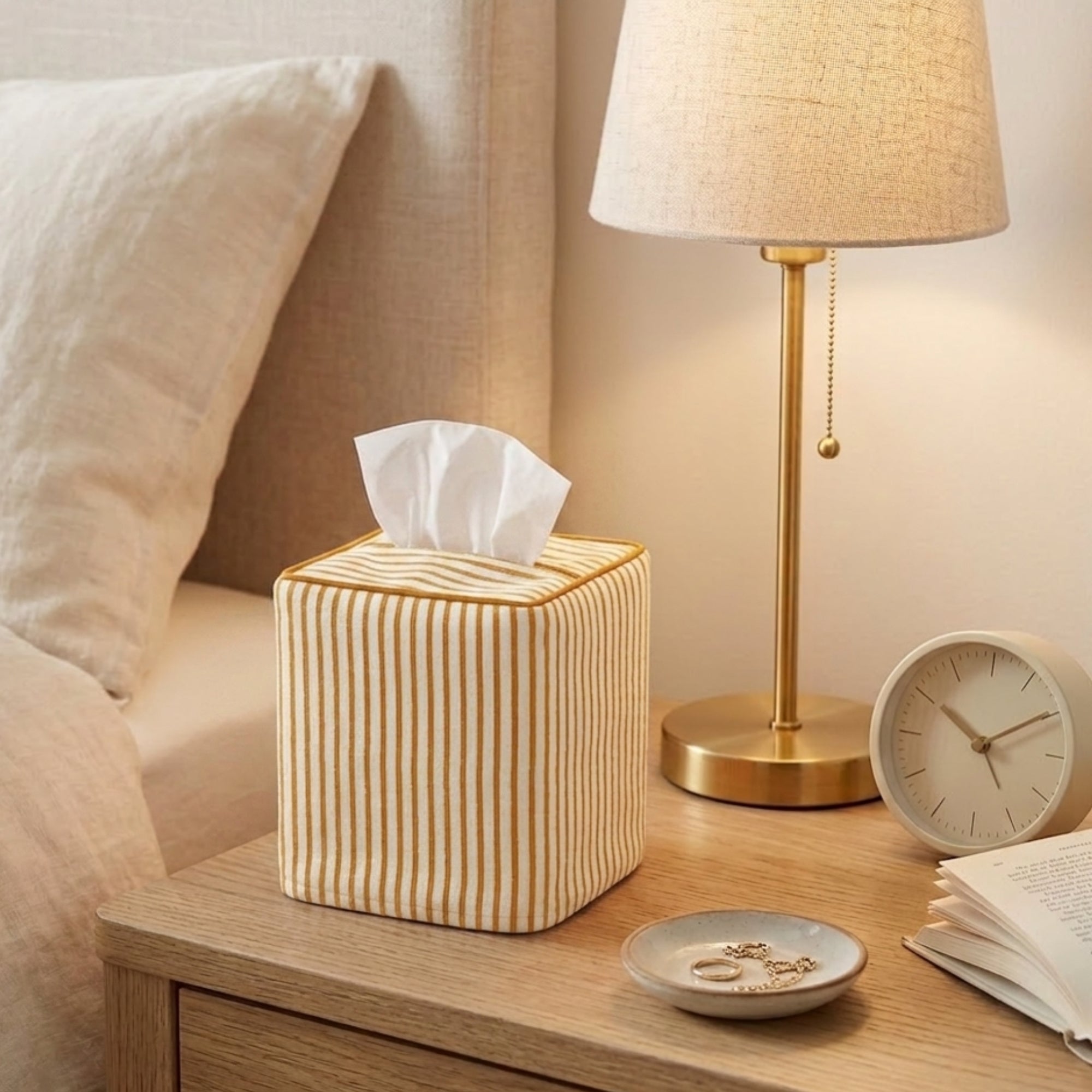 Saffron Yellow Striped Tissue Box Cover Ridhi Block Print