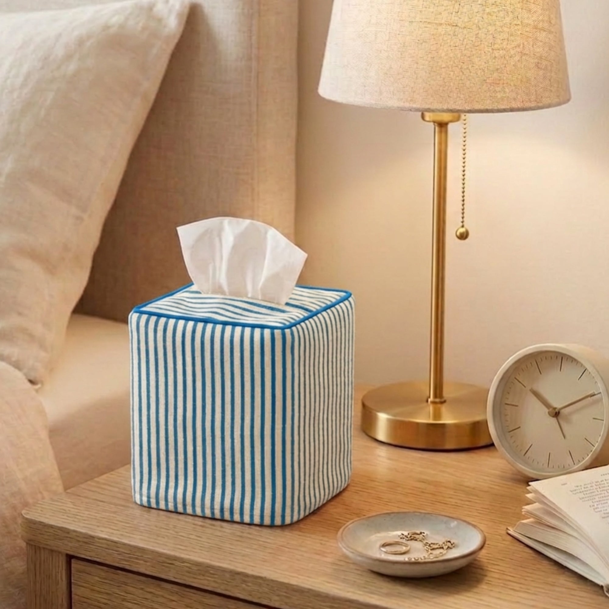 Aqua Blue Striped Tissue Box Cover Ridhi Block Print