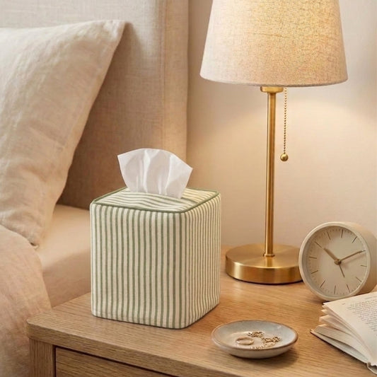 Sage Green Striped Tissue Box Cover Ridhi Block Print