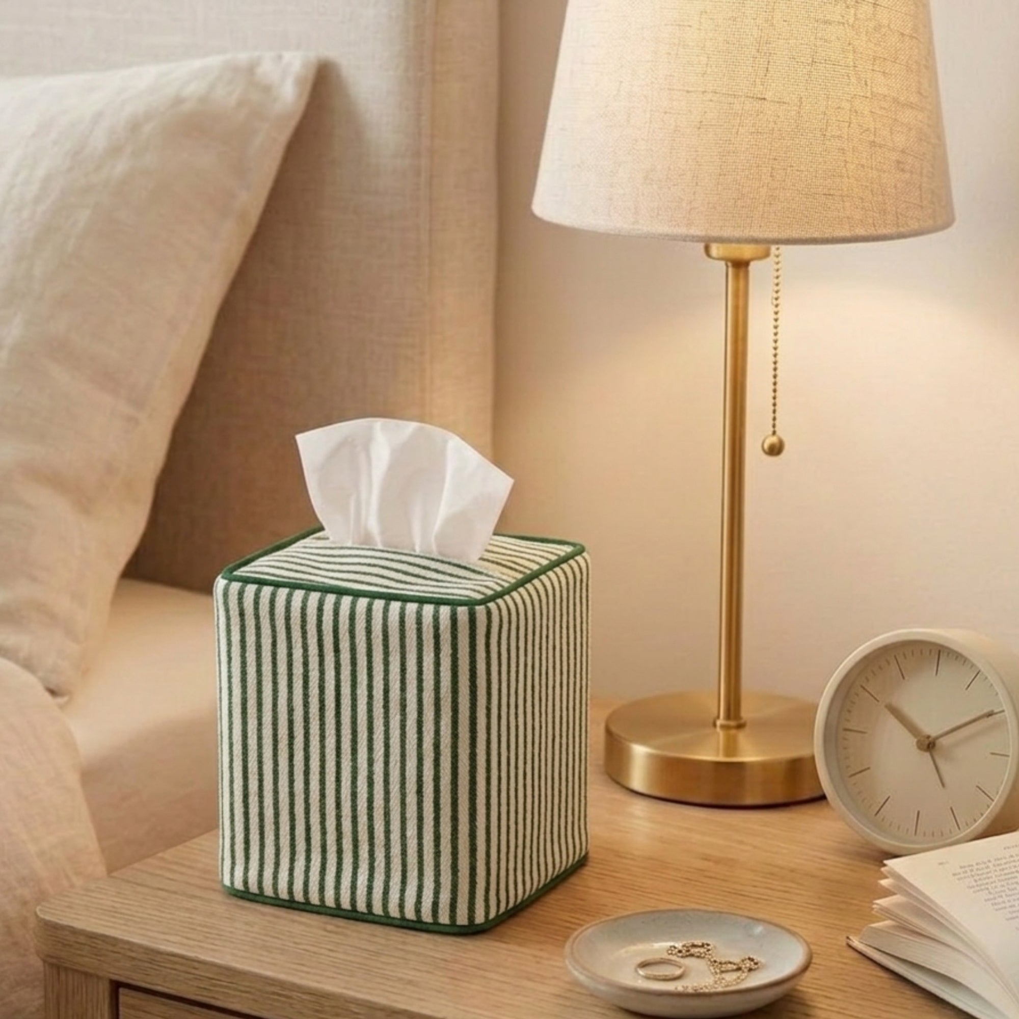 Forest Green Striped Tissue Box Cover Ridhi Block Print