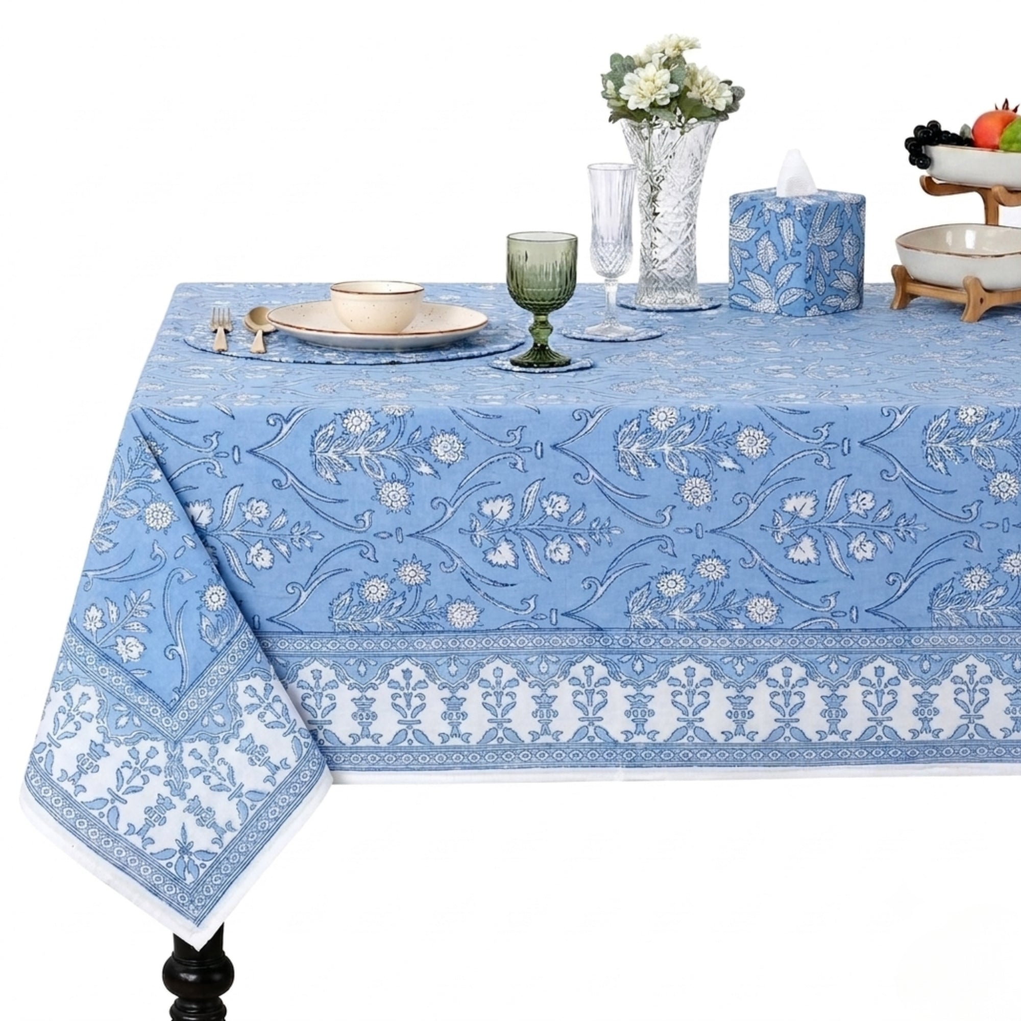 Cornflower Blue Square & Rectangle Tablecloth Ridhi Block Print