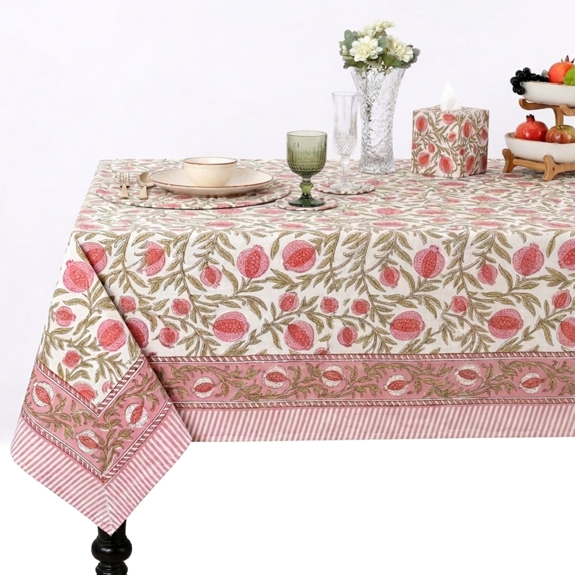 Blush Pink Pomegranate Square & Rectangle Tablecloth Ridhi Block Print