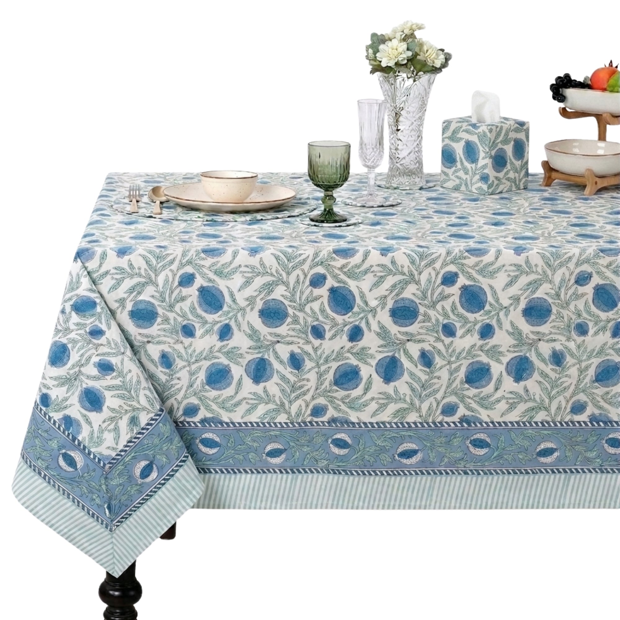 Queen Blue Rectangle & Square Tablecloth Ridhi Block Print