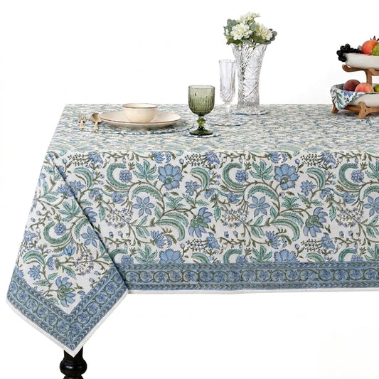 Columbia Blue Square & Rectangle Tablecloth Ridhi Block Print