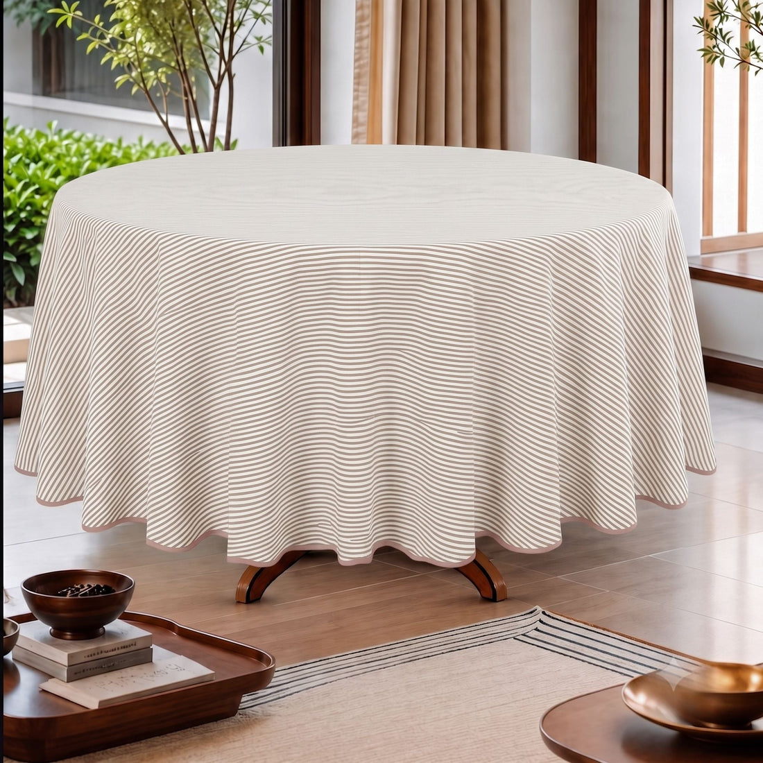 Oatmeal Brown Stripe With Blush Beige Scallop Pipping Round Tablecloth Ridhi Block Print
