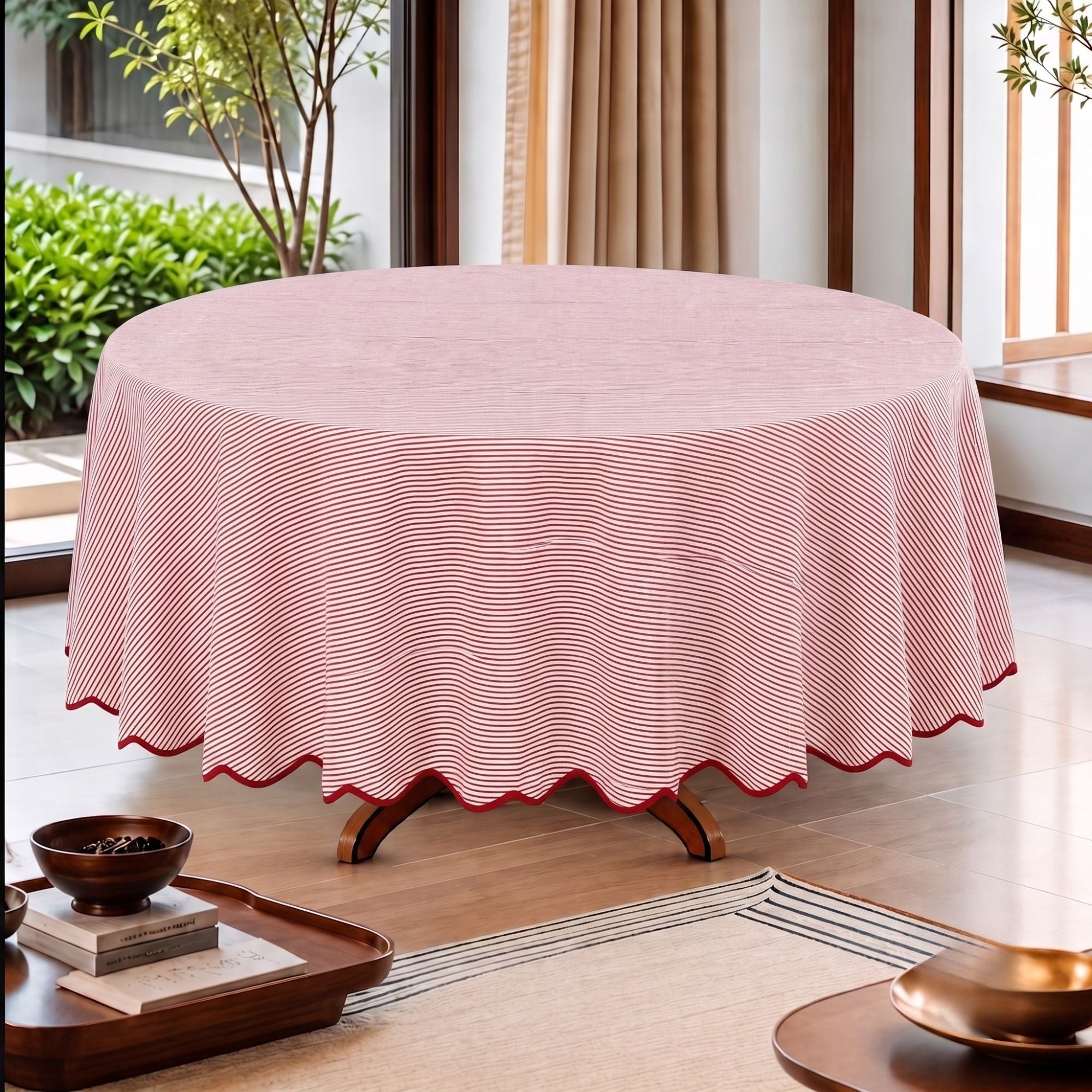 Ruby Red Stripe With Red Scallop Pipping Round Tablecloth Ridhi Block Print