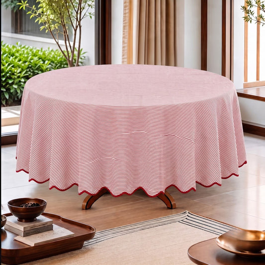 Ruby Red Stripe With Red Scallop Pipping Round Tablecloth Ridhi Block Print
