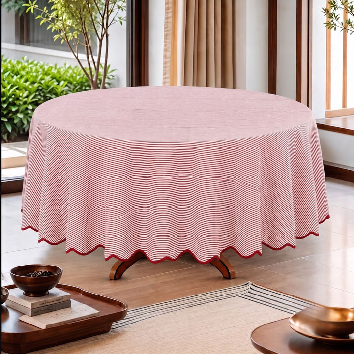 Ruby Red Stripe With Red Scallop Pipping Round Tablecloth Ridhi Block Print