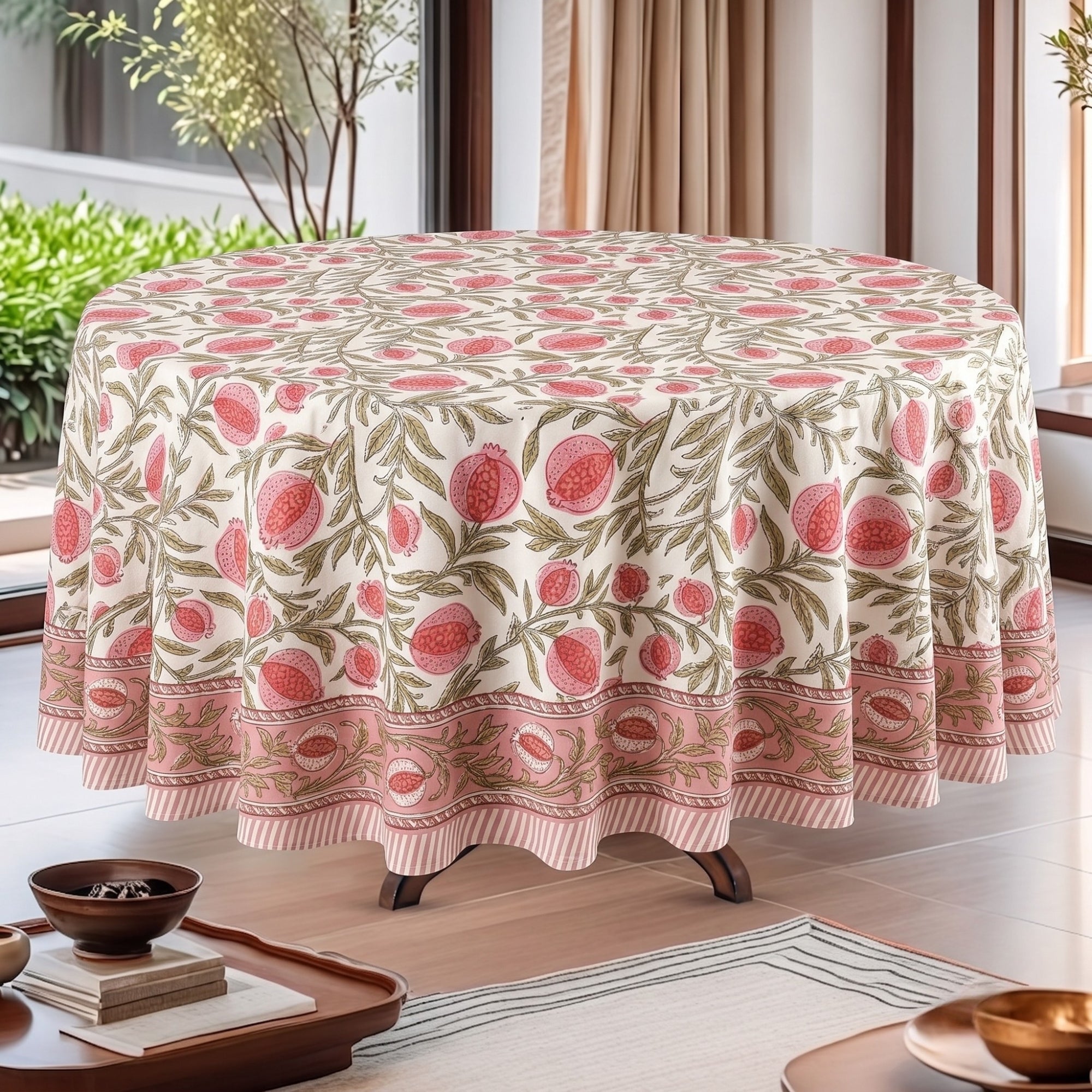 Blush Pink Pomegranate Round Tablecloth Ridhi Block Print