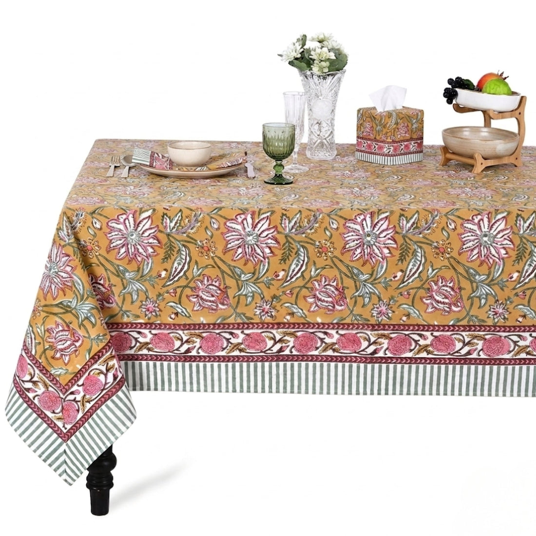 Biscotti Yellow square & Rectangle Tablecloth Ridhi Block Print