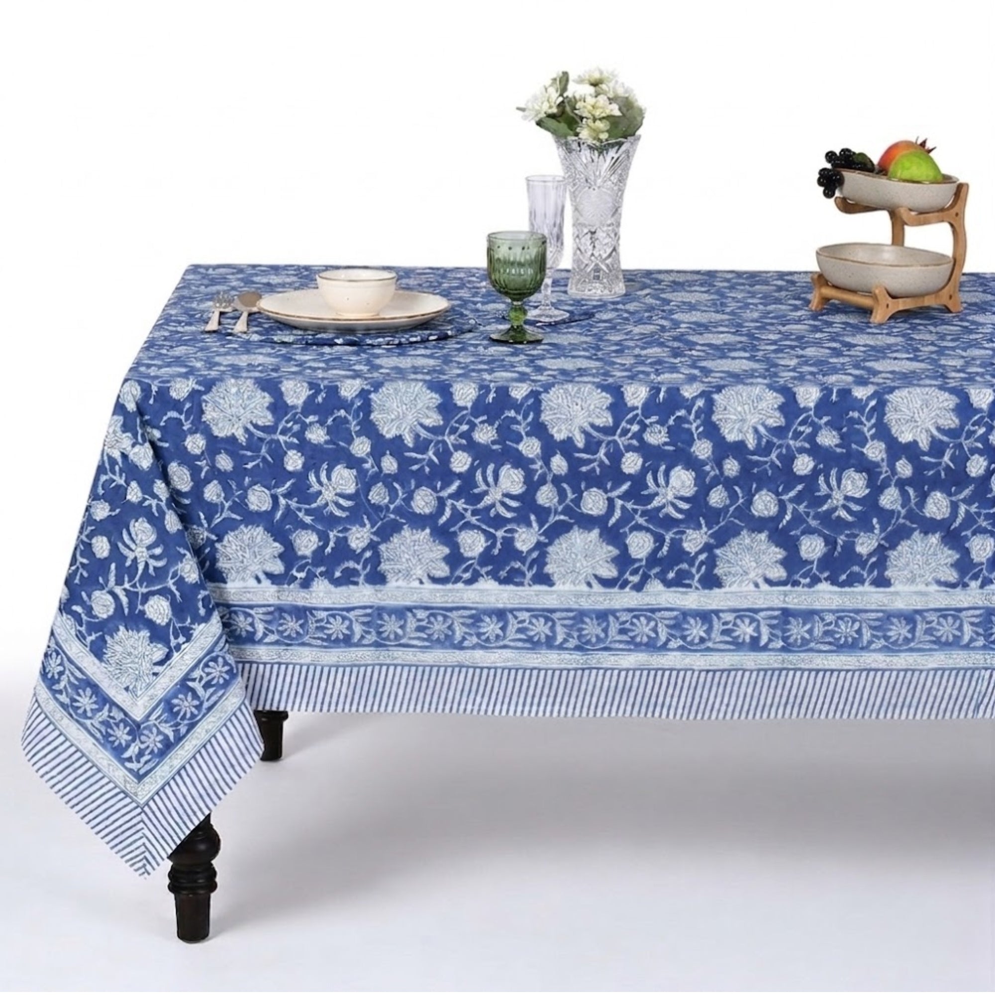 Dark Blue & White Square & Rectangle Tablecloth Ridhi Block Print