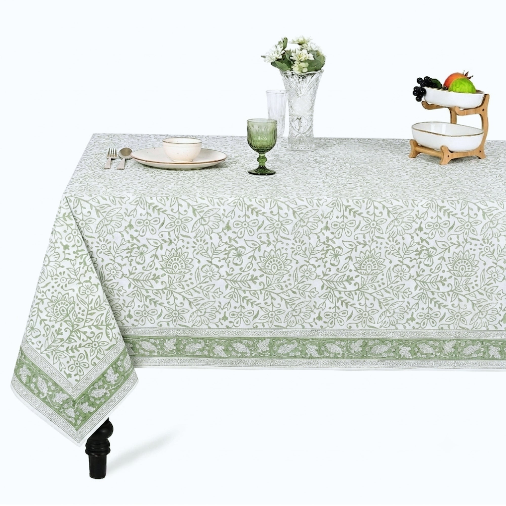 Green Jal Square & Rectangle Tablecloth Ridhi Block Print