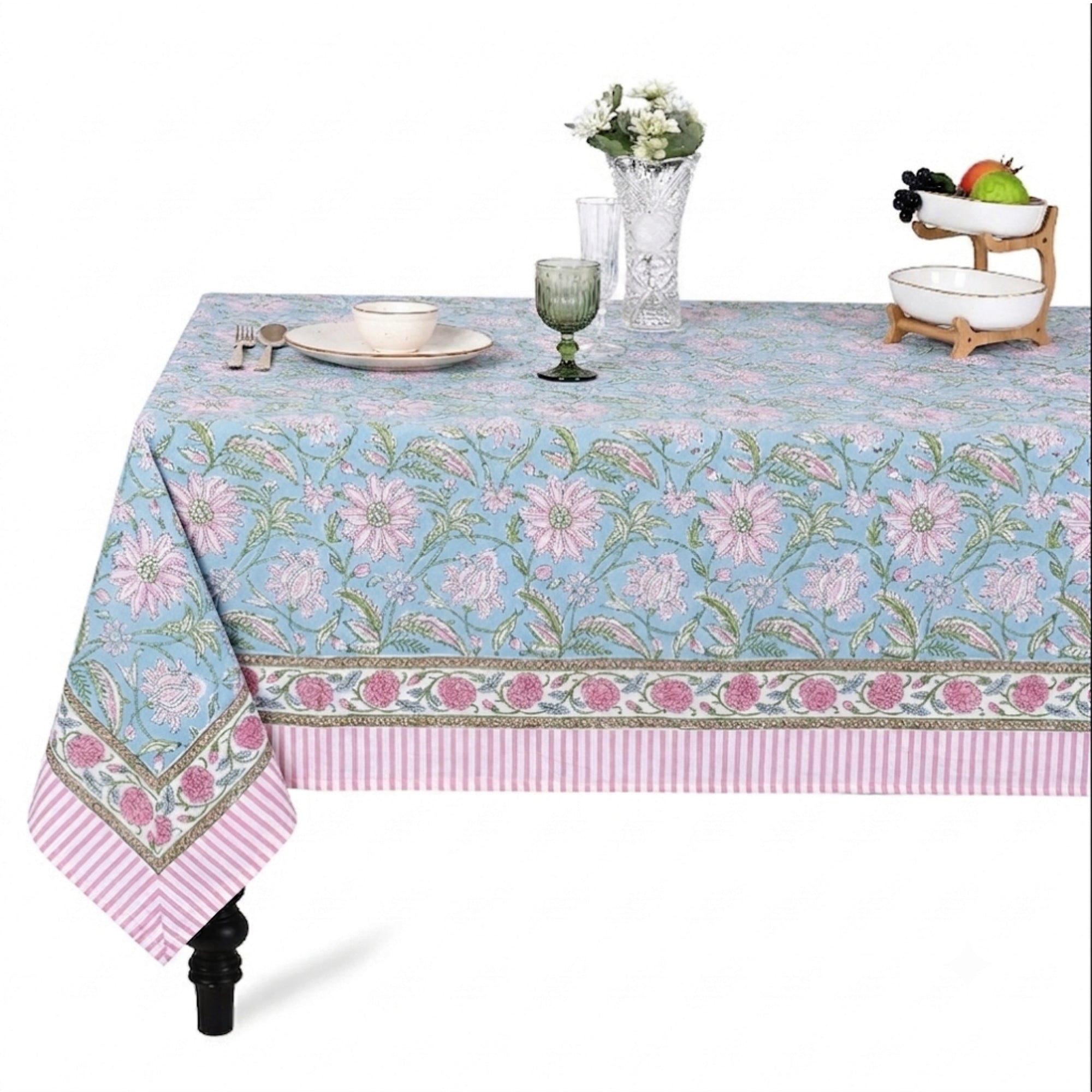 Ice Blue Square & Rectangle Tablecloth Ridhi Block Print