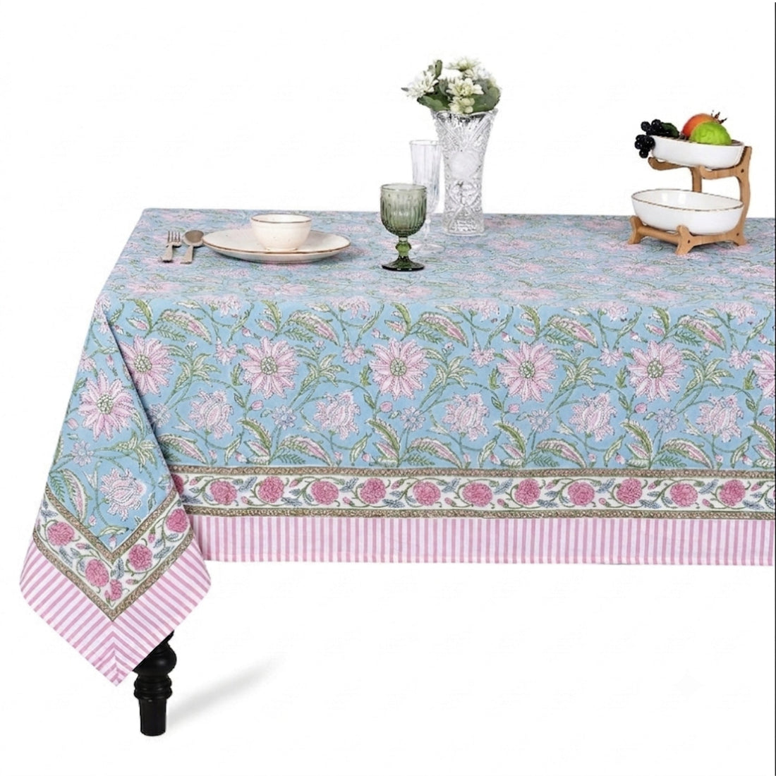 Ice Blue Square & Rectangle Tablecloth Ridhi Block Print