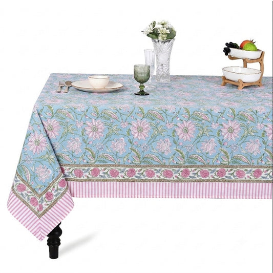 Ice Blue Square & Rectangle Tablecloth Ridhi Block Print