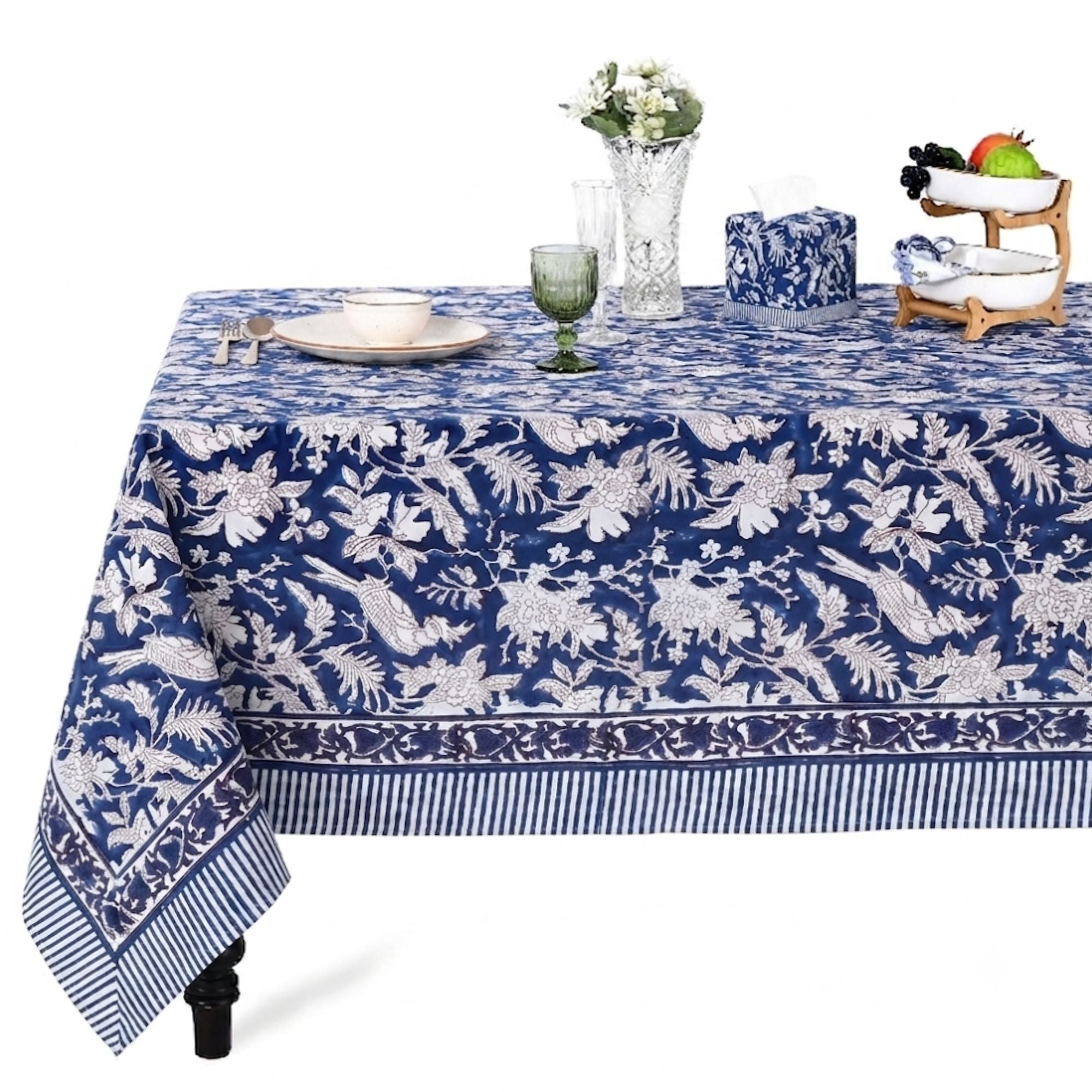Royal Blue Square & Rectangle Tablecloth Ridhi Block Print