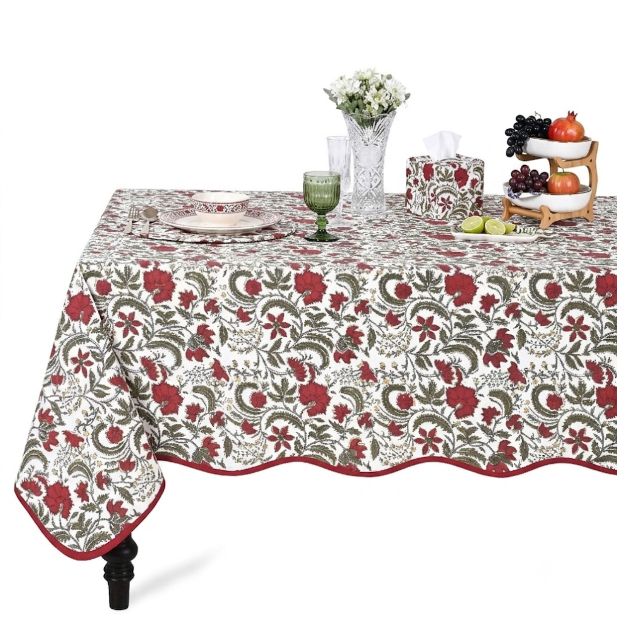 Prune Red Piping Square & Rectangle Tablecloth Ridhi Block Print