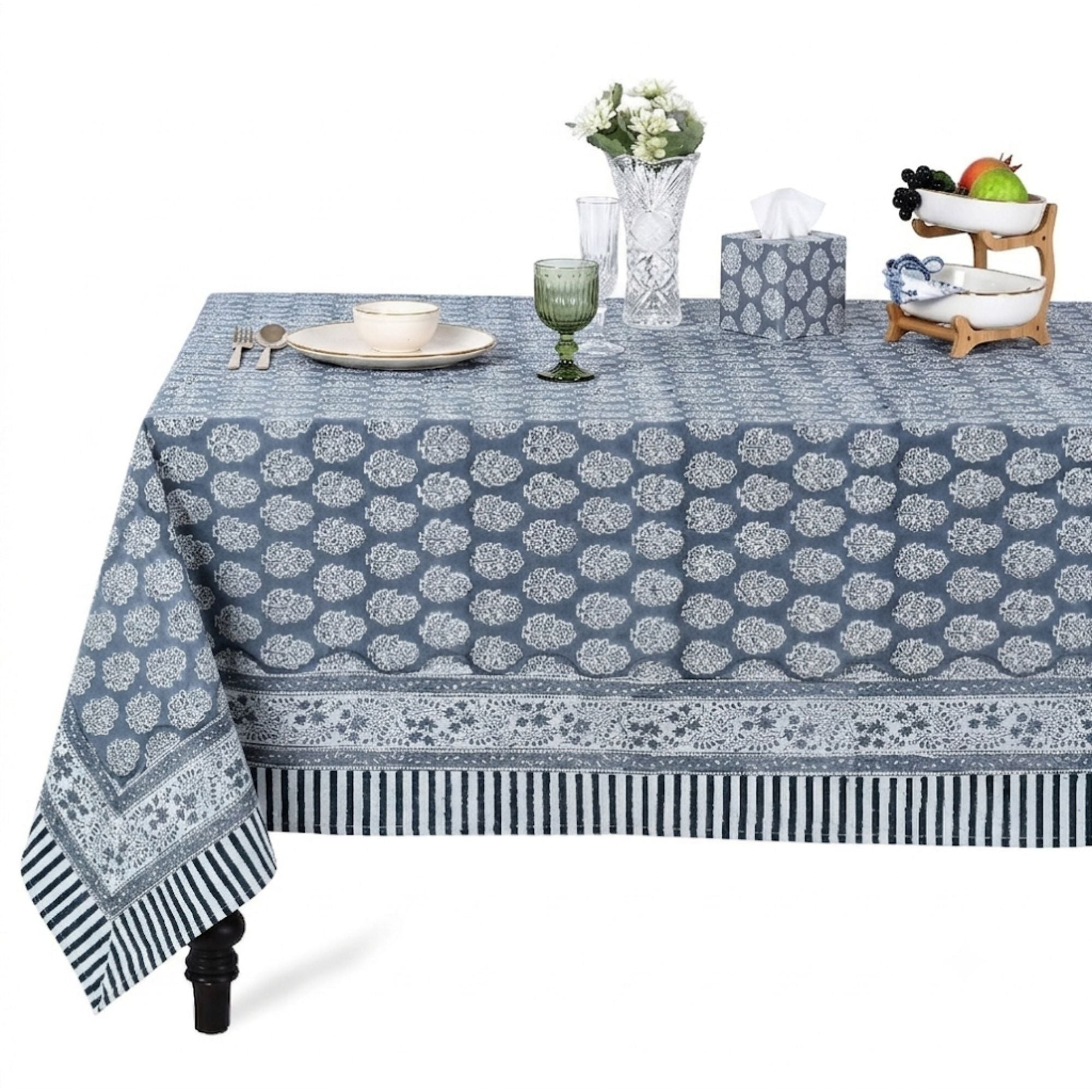 Stonewash Blue Square & Rectangle Tablecloth Ridhi Block Print